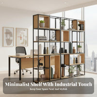 Floor Standing Partition Cabinet Openwork Crafted Metal Frame Storage Rack Solid Wood Shelves Standing Bookshelf for Office Workers, Study, Bedroom