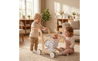 Wooden Push Cart with Basket Imaginative Play Shopping Cart Toy Energetic Infant Push Pusher for Kids, Nursery