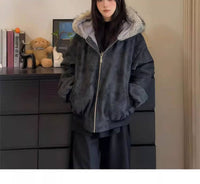 冬季新款大理石座山雕连帽绒毛棉衣外套男女冬季PU皮加厚保暖棉服