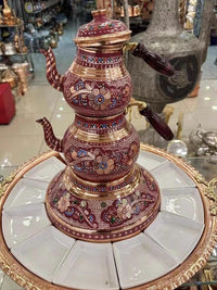 代购土耳其进口纯手工打造紫铜茶壶子母壶带暖炉大托盘小吃碟全套
