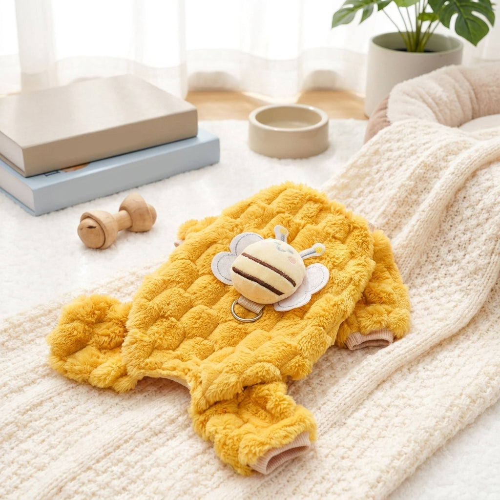 Bee Costume Dog Four-Leg Clothing with Flaps and Antennae, Thickened Polyester Dog Bee Suit, Winter Warm Apparel for Small and Medium Pets