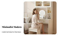 Makeup Cabinet with Lighted Mirror Modern Minimalist Design Vanity Set Integrated Chest of Drawers Includes Matching Stool