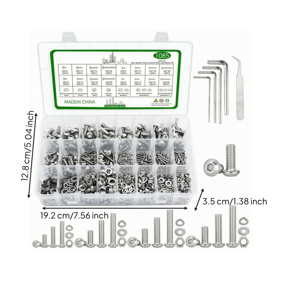 Labeled Compartments Socket Cap Screw and Nut Set Mixed Sizes Stainless Steel Hardware Kit Hex Key Set Rust Proof