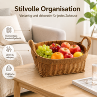 Oval storage basket, rattan look plastic basket with handles, medium fruit basket for kitchen & office, snack basket