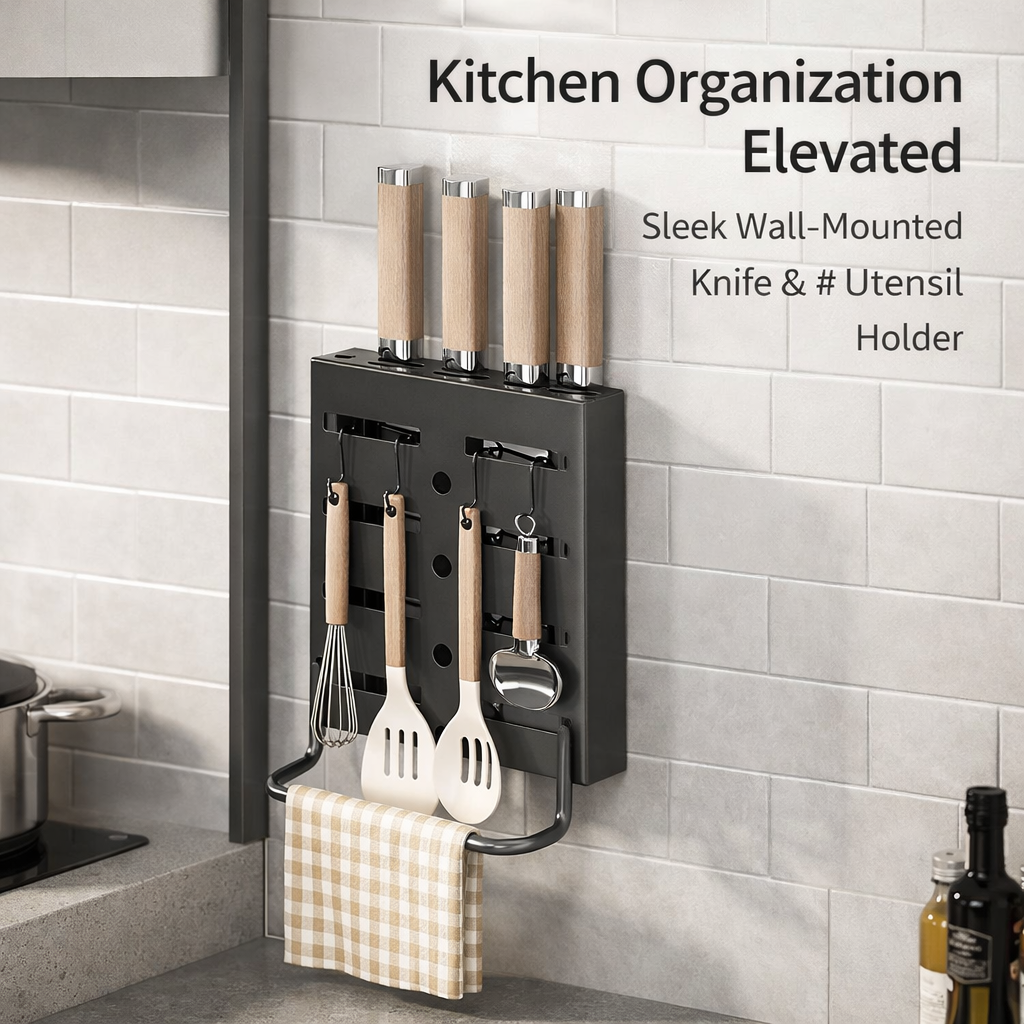 Cutlery Organizer and Kitchen Utensil for Chefs, Multi-functional Wall Mounted or Countertop Rack with Chopstick Holder