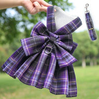 Dog Harness and Leash Set with Cat Harness and Leash, Deep Violet Plaid Polyester Dress for Small Medium Dogs Cats, Non-Retractable Leash Set