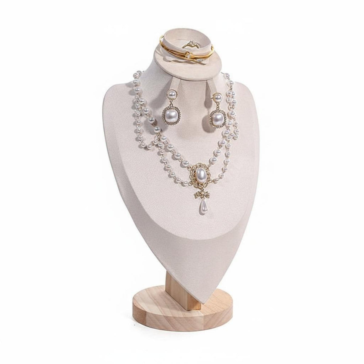 Solid Wood Base Velvet Jewelry Bust Multi-Functional Necklace Display Mannequin Elegant Design Portrait Neck Form Display for Market Stall, Retail Shop, Boutique, Showcase