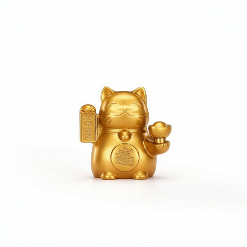 Welcoming Cat with Prosperity Ingot Brass Tabletop Auspicious Cat for Business Owners, Collectors, Cashier Counter, Office Desk