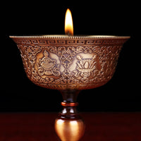 Copper Oil Lamp Base with Eight Auspicious Symbols for Buddhist Altar