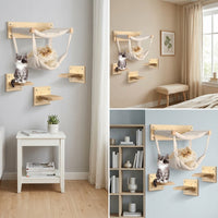Cat Climbing Frame with Wall Mounted Bed and Textile Hammock, Solid Wood Five-Tier Perch for Large Indoor Cats