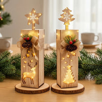 2 Pieces Rustic Wooden Christmas Light Warm-Glowing Christmas Light with Star Topper Lighted Table Decoration Decorative for Tabletop, Mantel