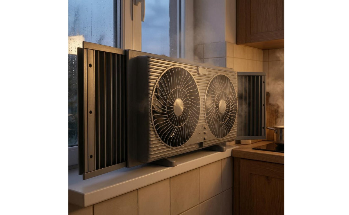 Indoor Ventilation Two-Fan Window Ventilator Included Power Adapter Reversible Window Fan Gray Home Appliance Easy Installation