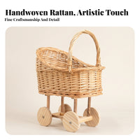 Baby Basket Stroller Handwoven Rattan Baby Carriage Basket Wicker Carriage Planter Natural Portable Handle for Nursery, Display