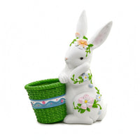 Hare Basket Planter Floral Motif Resin Hare Planter White Animal Figurine for Balcony