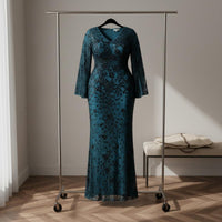 Sequin Mermaid Gown Stretch Material Long Sleeve Sequin Dress Plunging Neckline