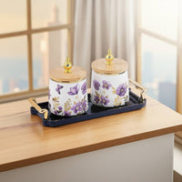 3 Pieces Ceramic Tea Canister Wood Lid Cookie Jar Farmhouse Design