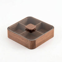 Wooden Snack Box with Glass Lid Multi-Compartment Divided Snack Box Clear Serving Tray with Glass Lid for Tea Table