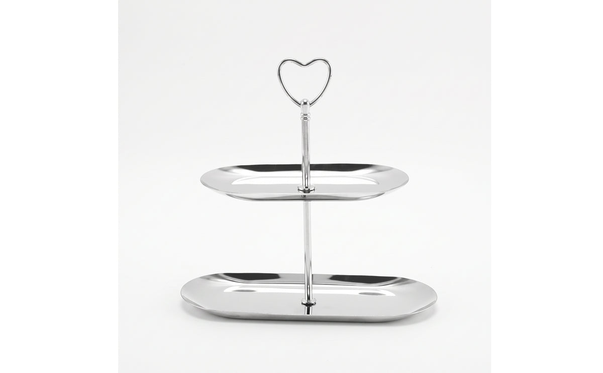 Serving Stand with Heart Handle Stainless Steel Two-Tier Serving Stand Metal Tiered Tray for Hosts, Afternoon Tea, Cafes