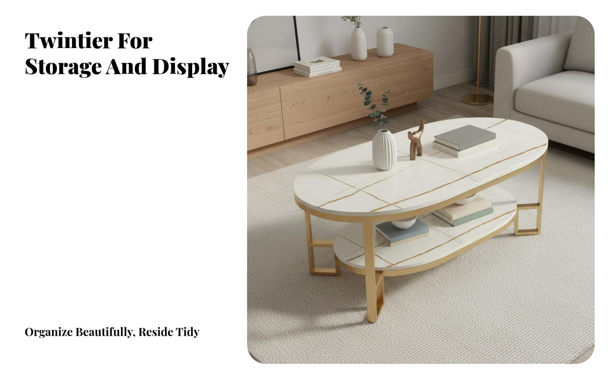 Modern Design Two-Tier Oval Table Luxury Look Household Furniture Space-Saving Display Stand Rounded Edges for Apartment Dwellers, Homeowners, Families, Living Room, Small Areas, Lounge Area