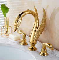 European Style Gold Swan Three-Hole Basin Faucet with Crystal Handle