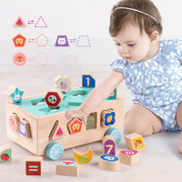 18-Hole Wooden Educational Toy Car with Fruits, Numbers, Shapes, and Animals for Toddlers