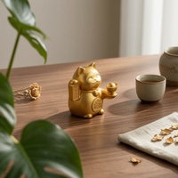 Welcoming Cat with Prosperity Ingot Brass Tabletop Auspicious Cat for Business Owners, Collectors, Cashier Counter, Office Desk