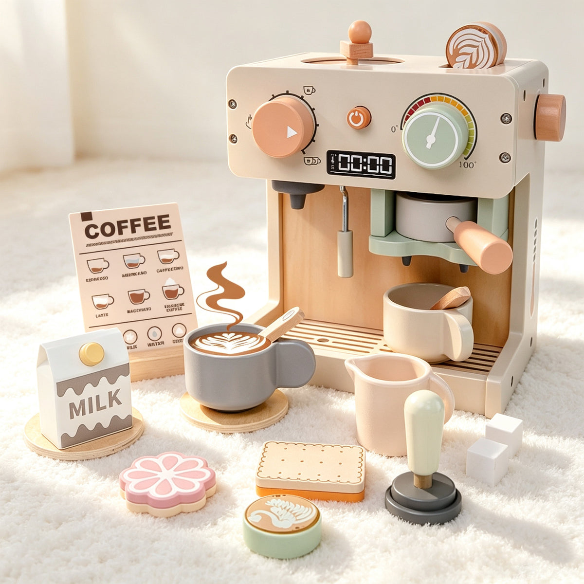 Wooden Simulation Coffee Machine Toy for Kids Pretend Play