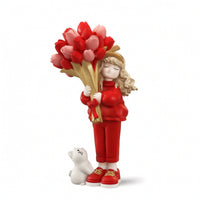 Girl Figurine with Cat Elegant Sculpture with Bouquet Cute for Entryway