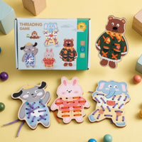 4 Pieces Punched Holes Animal Lacing Board Printed Faces Wooden Threading Board Fine Motor Skills Educational Toy Hand-Eye Coordination