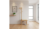 Multi-Functional Design Hall Tree with Shoe Storage Solid Wood Wooden Deer Coat Rack Bench Cushioned Seat for Mudroom