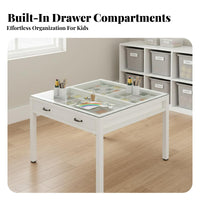 Kids Crafting Desk with Storage Easy to Clean Drawing Table with Grid Drawers Multi-Functional Glass Artistic Workspace Desk for Young Children