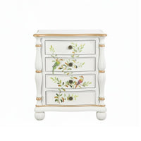 Rustic Country design Bedside Storage Cabinet Distressed Finish 4-Drawer Painted Side Table Floral Carving Nightstand Colorful Design for Homeowners, Apartment Dwellers, Interior Designers, Bedroom, Home Decor, Entryway, Small Spaces