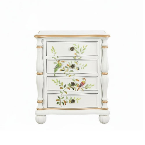 Rustic Country design Bedside Storage Cabinet Distressed Finish 4-Drawer Painted Side Table Floral Carving Nightstand Colorful Design for Homeowners, Apartment Dwellers, Interior Designers, Bedroom, Home Decor, Entryway, Small Spaces