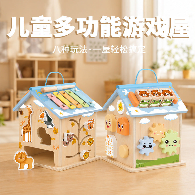 Wooden Multi-functional Activity Cube for Early Education, Baby Busy Board Toy