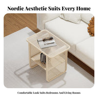Two-Tier Woven-Panel Side Table Japanese Design 2-Tier Table Space-Saving