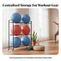 Mobile Fitness Ball Rack Space-Saving Exercise Ball Holder Sturdy Construction Multi-Tier Fitness Rack 360° Swivel Wheels