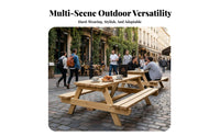 durable Wood Construction Wooden Table with Benches Weather-Resistant Angular Frame Dining Bench single-Piece Design Outdoor Furniture Natural Finish for Restaurant Owners, Families, Homeowners, Backyard, Deck, waterside