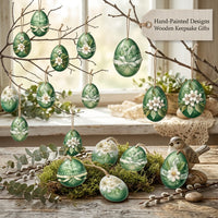 Easter Wooden Hanging Decorations, 12 Piece Egg Ornaments with Rope, Boxwood Indoor Outdoor Decor - Image 9