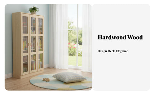 dense Wood Construction Glass Door Book Cabinet Floor-Standing Glass Door Curio Simple Design bookshelf Large Storage Space for Children, Homeowners, Office Workers, Study Room, Bedroom