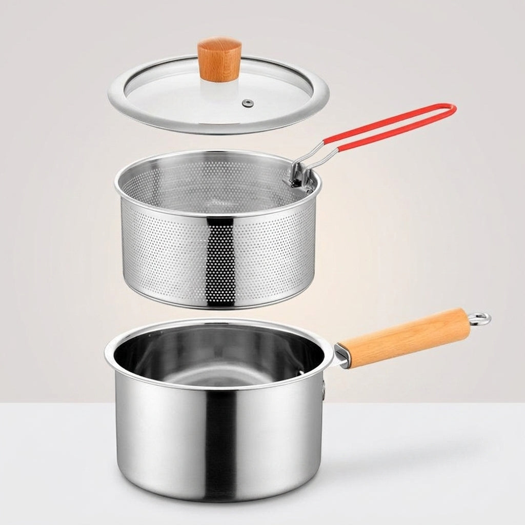 French Fries Deep Fryer with Frying Basket and Pan Lid, 2.5L Capacity Stainless Steel Pot with Wood Handle, 304 Stainless Steel Milk Pan