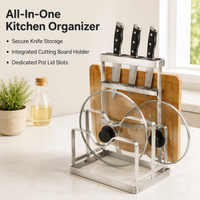 Universal Knife Block Kitchen Organiser, 2 Layer Stainless Steel Countertop Organiser, Pot Lid & Cutting Board Holder, Modern Rectangular Design