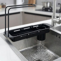 Dish Rack and Dish Drainer with Sink Strainer, Stainless Steel Utensil Holder, Extendable 45cm Kitchen Sink Sponge Holder with Towel Bar, Grey