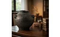Ceramic Vase with Handles Vintage Hammered Ceramic Vase Artisanal Vessel for Entryway Table