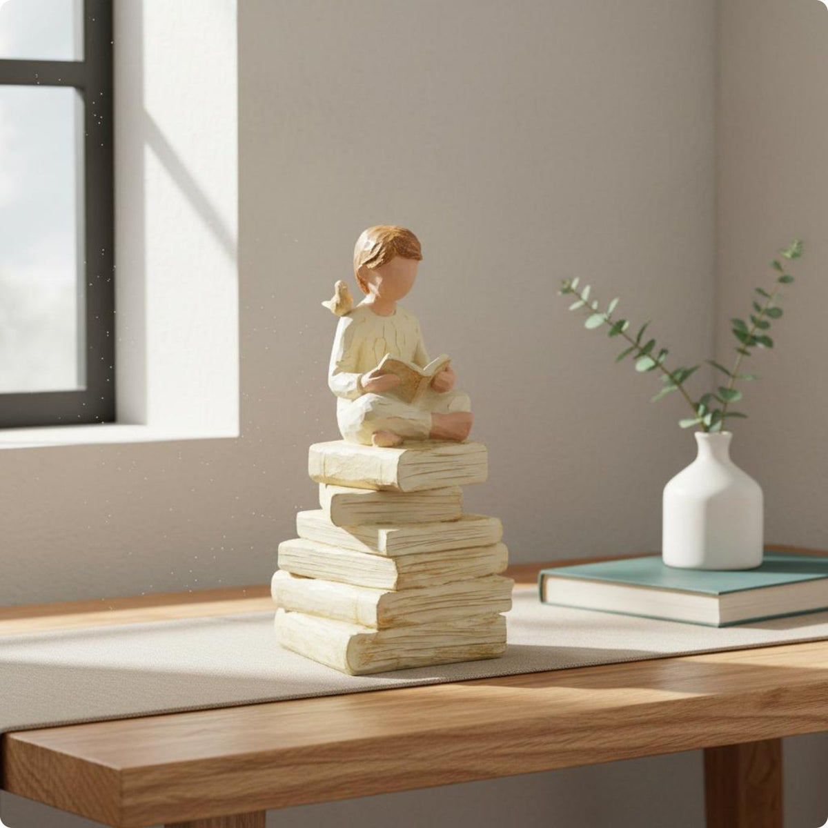 Girl on Books Statue Book-Themed Seated Girl Resin Ornament Gift Idea