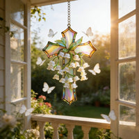 flower of the Valley Cross Creates Light Effects Floral Cross Hanging Ornament Handmade House Decoration for Garden