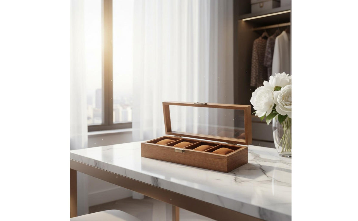 Watch Display Case with Glass Lid Padded Watch Box with Glass Lid Hinged Jewelry Display Box for Dresser
