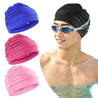 Women's Pleated Swimming Cap for Long Hair, Ear Protection, Unisex