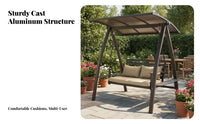 Removable Cushions Cast Aluminum Garden Swing Weather-Resistant 3-Person Garden Swing Anti-Skid Feet Outdoor Rocking Swinging Seat Heavy-Duty Steel Frame for Families, Couples, Homeowners, Balcony, Courtyard, Backyard, Poolside