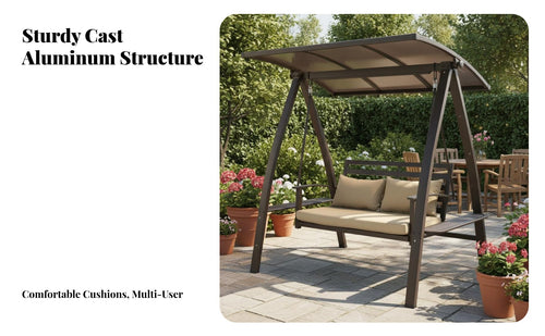 Removable Cushions Cast Aluminum Garden Swing Weather-Resistant 3-Person Garden Swing Anti-Skid Feet Outdoor Rocking Swinging Seat Heavy-Duty Steel Frame for Families, Couples, Homeowners, Balcony, Courtyard, Backyard, Poolside