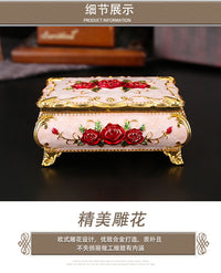 European Vintage Jewelry Box with Metal Rose Design, Creative Ring and Earring Organizer
